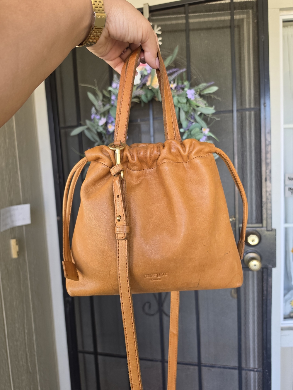 margot Cognac Leather Drawstring Mini Shoulder Bag